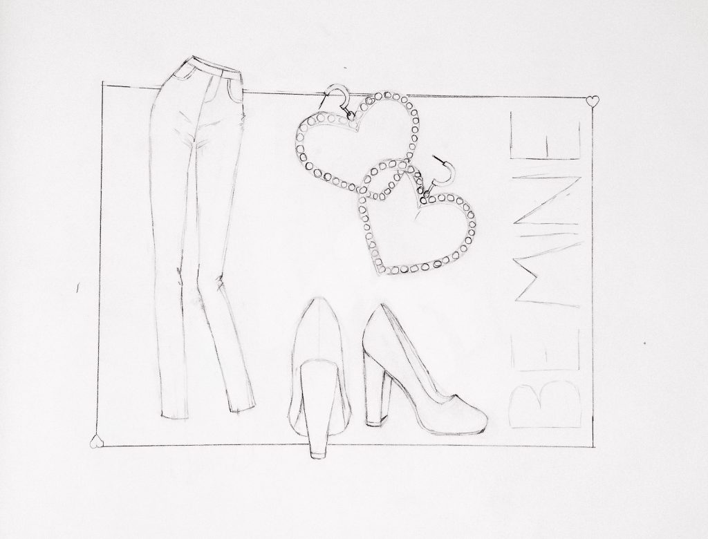 sketching Be Mine of jeans, pumps, and crystal earrings