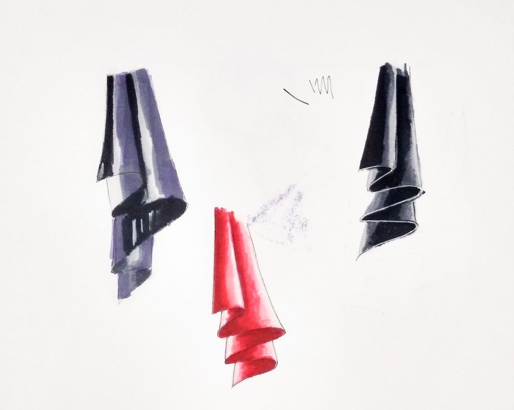 sketching practice of satin fabric in black and red